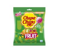 Chupa Chups -Sachet de 16 Sucettes Bonbons à la Pulpe de Fruits -4 Parfums Assortis - Goût Pomme, Cerise, Framboise, Orange - Sans Gluten et Sans Édulcorants