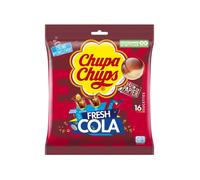 Chupa Chups Sachet de 16 Sucettes Bonbons Fresh Parfums Cola/Citron sans Gluten 0 pourcent Matières Grasses sans Édulcorants, Brun, 16 Unité (Lot de 1)