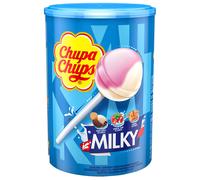 Chupa Chups - Tubo de 100 Sucettes - Parfums Choco/Vanille, Lait/Fraise, Caramel - 0 Pour cent de Matières Grasses - Idéal pour Fêtes d'Anniversaires - Boite Milky de 1,2 Kg