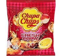 Chupa Chups Sachet de 16 Sucettes Bonbons Fresh Parfums Cola/Citron sans Gluten 0 pourcent Matières Grasses sans Édulcorants, Brun, 16 Unité (Lot de 1)