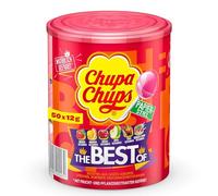 Chupa Chups - Tubo 50 Sucettes The Best Of - Sucettes à la Pulpe de Fruit + Cola et Milky - Idéal pour Fêtes d'Anniversaires - Présentoir Décoratif Original - Boite de 0,6 Kg