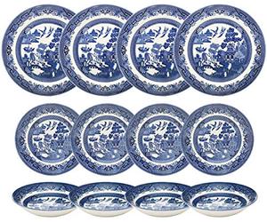 Churchill Blue Willow dîner assiettes assiettes à salade et Coupe bols 12 pièce vaisselle Set 12 pces