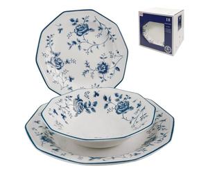 Churchill Roses Bleu Service Table, Earthware, Blanc/Bleu, 18 unités