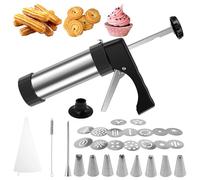 Churro Maker Pistolet à biscuits multifonction avec poche à douille, 8 douilles et 16 disques pour faire des churros et des biscuits