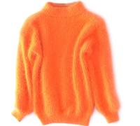CHUSHEN Pull décontracté en tricot torsadé à manches longues et col rond pour femme - Pull épais de couleur unie en cachemire, pull vintage angora pour femme (orange, taille unique)