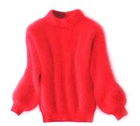 CHUSHEN Pull décontracté en tricot torsadé à manches longues et col rond pour femme - Pull épais de couleur unie en cachemire, pull vintage angora pour femme (rouge, taille unique)
