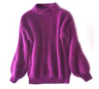 CHUSHEN Pull en tricot à mailles torsadées décontracté pour femmes, à manches longues, col rond, uni, épais, pull en cachemire ample, uni, tricot vintage en angora pour femmes (violet, taille unique)