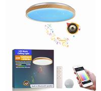 chysongoods Plafonnier musical LED MW 40 cm, abat-jour effet grain de bois, compatible avec Alexa, haut-parleur Bluetooth intégré, effet de lumière RVB, intensité variable, avec télécommande