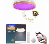 chysongoods Plafonnier musical LED MW 50 cm, abat-jour effet grain de bois, compatible avec Alexa, haut-parleur Bluetooth intégré, effet de lumière RVB, intensité variable, avec télécommande