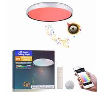 chysongoods YB Plafonnier musical LED 40 cm, abat-jour effet cadre blanc, compatible Alexa, haut-parleur Bluetooth intégré, effet d'éclairage RVB, intensité variable, livré avec télécommande