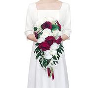 Ciandid Bouquet de mariée en Cascade, Roses Blanches et Bordeaux avec Rubans - Bouquet de Mariage Artificiel pour mariée - Fleurs Cascade pour cérémonie de Mariage, Anniversaire de Mariage