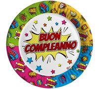 Ciao - Assiettes en carton compostables Bon Anniversaire Comics (Ø 23 cm), 8 pièces 22-24 cm, multicolore, 34758