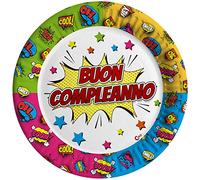 Ciao - Assiettes en carton compostables Bon Anniversaire Comics (Ø18 cm), 8 pièces 16-21 cm, multicolore, 34757