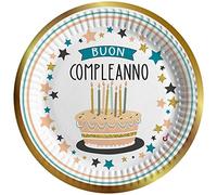 Ciao - Assiettes en papier compostables Bon Anniversaire Shiny Gold (Ø18 cm), 8 pièces 16-21 cm, or, blanc, 34748