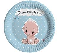 Ciao - Assiettes Papier compostables premier anniversaire (Ø18 cm), 8 pièces, bleu 16-21 cm, 34762