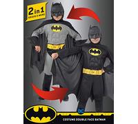 Ciao- Batman 2-in-1 (Classic/Dark Knight) costume déguisement garçon original DC Comics (Taille 10-12 ans) avec muscles rembourrés, Black, Grey