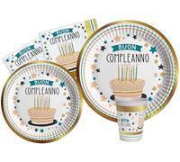 Ciao- Kit Party Shiny pers (112 pièces Assiettes Ø23 p Ø18 cm, Verres, 40 tov) eco-Friendly Vaisselle de Fête, gobelets, Serviettes, Uni, AZ129, Or, Blanc, 24 Personnes