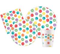 Ciao-Kit Table Fête Multiwatercolor Dots Party 8 personnes (44 pcs: assiettes, gobelets, serviettes) en papier FSC Vaisselle, AZ116, Multicolor