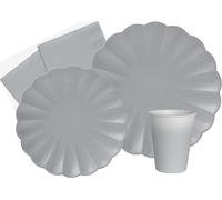 Ciao-Kit Table Fête Party Flower Shape 24 personnes (112 pcs: assiettes, gobelets, serviettes) en papier compostable, gris Vaisselle papel eco-friendly, Uni, AZ115