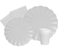Ciao-Kit Table Fête Party Flower Shape 8 personnes (44 pcs: assiettes, gobelets, serviettes) en papier compostable, blanc Vaisselle papel eco-friendly, Uni, AZ112