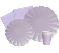 Ciao Kit Table Fête Party Flower Shape pour 8 Personnes (44 pièces: 8 Assiettes Ø23cm, 8 Assiettes Ø18cm, 8 gobelets 200ml, 20 Serviettes 33x33cm) en Papier compostable eco-Friendly, Violet Lavande