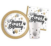 Ciao-Kit Table Fête Party Milestone Anniversary 8 personnes (36 pcs: assiettes, gobelets, serviettes) en papier FSC Vaisselle, AZ126, Blanc, Or, Argent, Noir