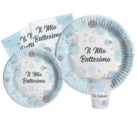 Ciao - Kit Vaisselle de Fête Battesimo pour 24 personnes (112 pcs: 24 assiettes Ø23cm, 24 assiettes Ø18cm, 24 gobelets 250ml, 40 serviettes 33x33cm) en papier compostable eco-friendly, bleu