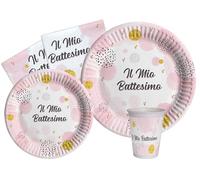 Ciao - Kit Vaisselle de Fête Battesimo pour 8 personnes (44 pcs: 8 assiettes Ø23cm, 8 assiettes Ø18cm, 8 gobelets 250ml, 20 serviettes 33x33cm) en papier compostable eco-friendly, rose
