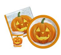 Ciao- Kit Vaisselle de Fête Halloween (Assiettes, gobelets, Serviettes), AZ170, Orange, Blanc, 24 Persone
