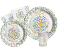 Ciao - Kit Vaisselle de Fête Prima Comunione pour 24 personnes (112 pcs: 24 assiettes Ø23cm, 24 assiettes Ø18cm, 24 gobelets 250ml, 40 serviettes 33x33cm) en papier compostable eco-friendly