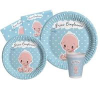 Ciao - Kit Vaisselle de Fête Primo Compleanno pour 24 personnes (112 pcs: 24 assiettes Ø23cm, 24 assiettes Ø18cm, 24 gobelets 250ml, 40 serviettes 33x33cm) en papier compostable eco-friendly, bleu