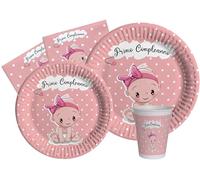 Ciao - Kit Vaisselle de Fête Primo Compleanno pour 24 personnes (112 pcs: 24 assiettes Ø23cm, 24 assiettes Ø18cm, 24 gobelets 250ml, 40 serviettes 33x33cm) en papier compostable eco-friendly, rose