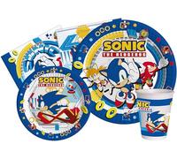 Ciao - Kit Vaisselle de Fête Sonic the Hedgehog pour 24 personnes (112 pcs: 24 assiettes Ø23cm, 24 assiettes Ø18cm, 24 gobelets 250ml, 40 serviettes 33x33cm) en papier compostable eco-friendly