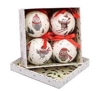 Ciao - Set of 4 decoupage Christmas Tree Balls (Ø7,5cm) Cute Winter Owls with Fabric Ribbon in giftbox