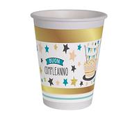 Ciao - Verres en papier compostables Bon Anniversaire Shiny Gold (250 ml), 8 pièces, or, blanc, 34750