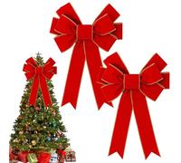 CIATBYYJ Lot de 2 grands nœuds de Noël rouges pour décoration de sapin de Noël, 30,5 x 50,8 cm, nœud en velours rouge avec bord doré pailleté pour couronnes, arbre, décoration extérieure, décoration