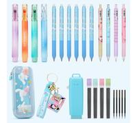CICIGETI-Lot de 6 Stylos Gel Effaçables avec Trousse, 6 Surligneurs Pastel, 4 Porte-Mines, Cadeau pour Filles de 4 5 6 7 8-12 Ans, Bleu