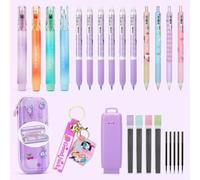 CICIGETI-Lot de 6 Stylos Gel Effaçables avec Trousse, 6 Surligneurs Pastel, 4 Porte-Mines, Cadeau pour Filles de 4 5 6 7 8-12 Ans, Violet