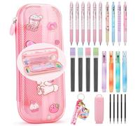CICIGETI-Lot de 6 Stylos Gel Effaçables avec Trousse, 6 Surligneurs Pastel, 4 Porte-Mines, Cadeau pour Filles de 4 5 6 7 8-12 Ans, Rose