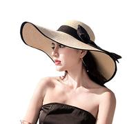 Cicilin Femme Capeline Pliable Chapeau de Soleil en Paille à Bord Large Décoration de Ruban Réglable Plage Eté Anti-UV Beige (Bordure noire)