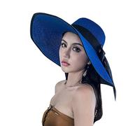 Cicilin Femme Capeline Pliable Chapeau de Soleil en Paille à Bord Large Décoration de Ruban Réglable Plage Eté Anti-UV Bleu (Bordure noire)