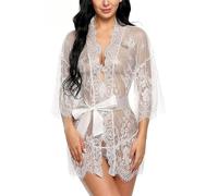 Cicilin Femme Chemise de Nuit Sexy Dentelle Lingerie Pyjama en Dentelle Transparente avec G-String Robes de Chambre Nuisette PeigBlancs de Bain Blanc XL