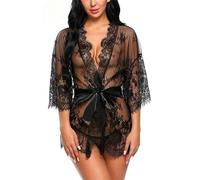 Cicilin Femme Chemise de Nuit Sexy Dentelle Lingerie Pyjama en Dentelle Transparente avec G-String Robes de Chambre Nuisette Peignoirs de Bain Noir L
