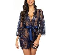 Cicilin Femme Chemise de Nuit Sexy Dentelle Lingerie Pyjama en Dentelle Transparente avec G-String Robes de Chambre Nuisette PeigBleuts de Bain Bleut M