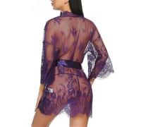 Cicilin Femme Chemise de Nuit Sexy Dentelle Lingerie Pyjama en Dentelle Transparente avec G-String Robes de Chambre Nuisette PeigViolets de Bain Violet XL