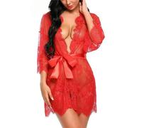 Cicilin Femme Chemise de Nuit Sexy Dentelle Lingerie Pyjama en Dentelle Transparente avec G-String Robes de Chambre Nuisette PeigRouges de Bain Rouge XXL
