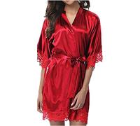 Cicilin Peignoir Satin Robe de Chambre Kimono Femme Sortie de Bain Nuisette Déshabillé Vêtements de Nuit Femme Satin Lingerie Dentelle Peignoir Robes de Mariée Rouge XL