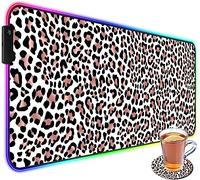 CICPLKSE Tapis de souris de jeu RVB personnalisé et dessous de verre, grand tapis de souris LED lumineux en caoutchouc antidérapant pour clavier d'ordinateur de bureau 80 x 30 cm, imprimé léopard