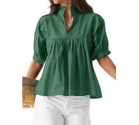 Cicy Bell Chemisier à manches bouffantes pour femme, col en V, manches mi-longues, élégant, basique, à volants, coupe ample, pour printemps, été, automne, vert, M