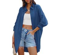 Cicy Bell Chemisier surdimensionné à manches longues pour femme - En coton - Décontracté - Couleur unie - Pour l'automne - Décontracté - Avec poches, bleu, XL